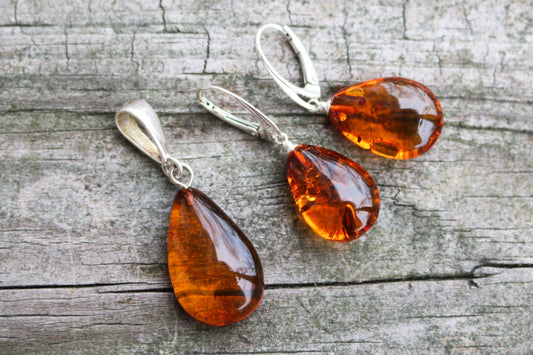 Baltic Amber Jewelry Set Honey Pendand Earrings Drop Natural 7.2 gram 925 Silver