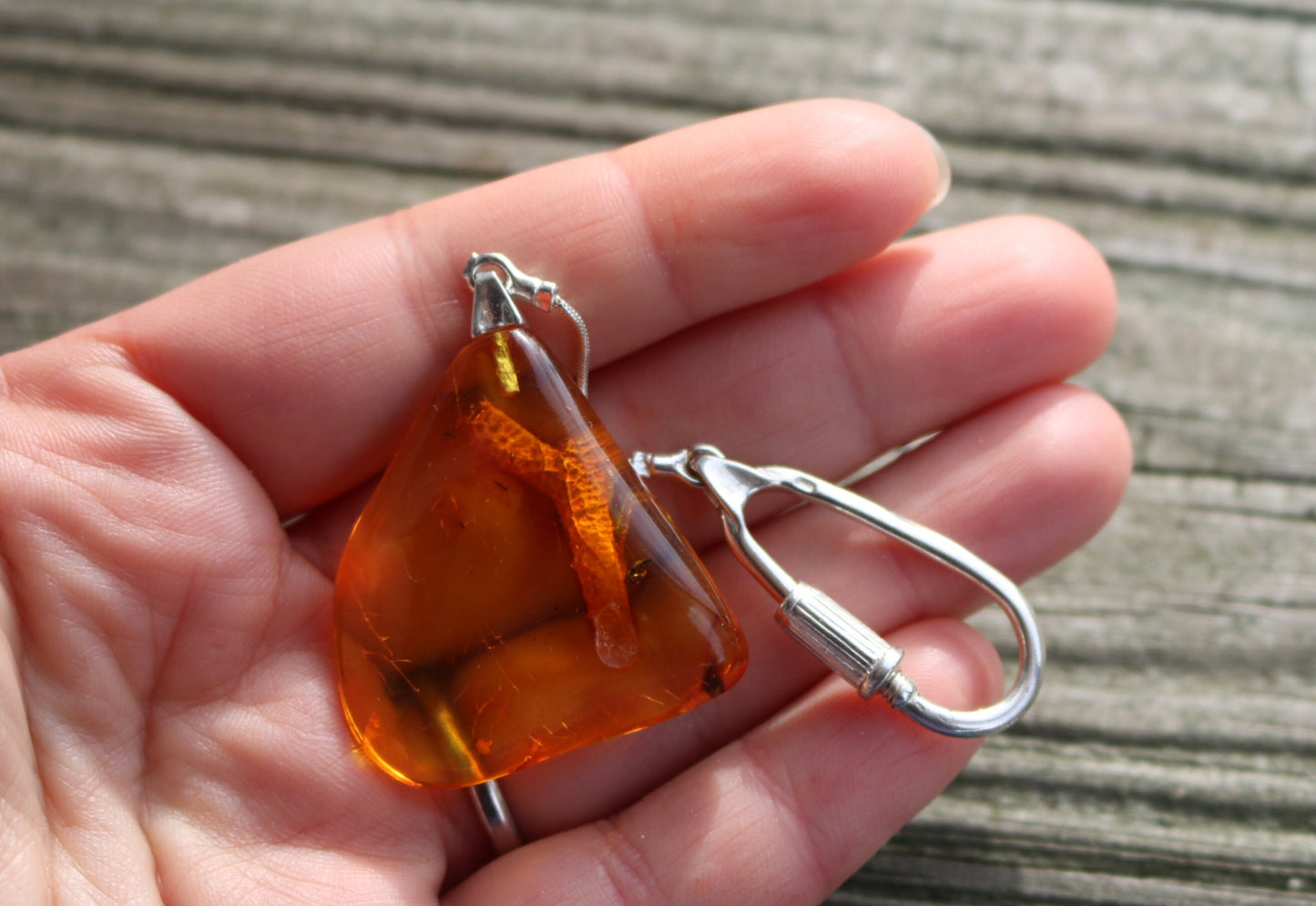 Baltic Amber Keychain Fossil Plant Twig Inclusions Natural 9.5 gram 925 Silver