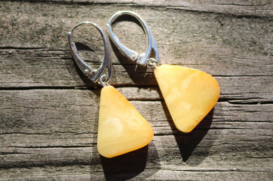 Baltic Amber Earrings Butterscotch Slabs Triangle Yellow Cloudy Natural Untreated 1.45" 2.6 gram