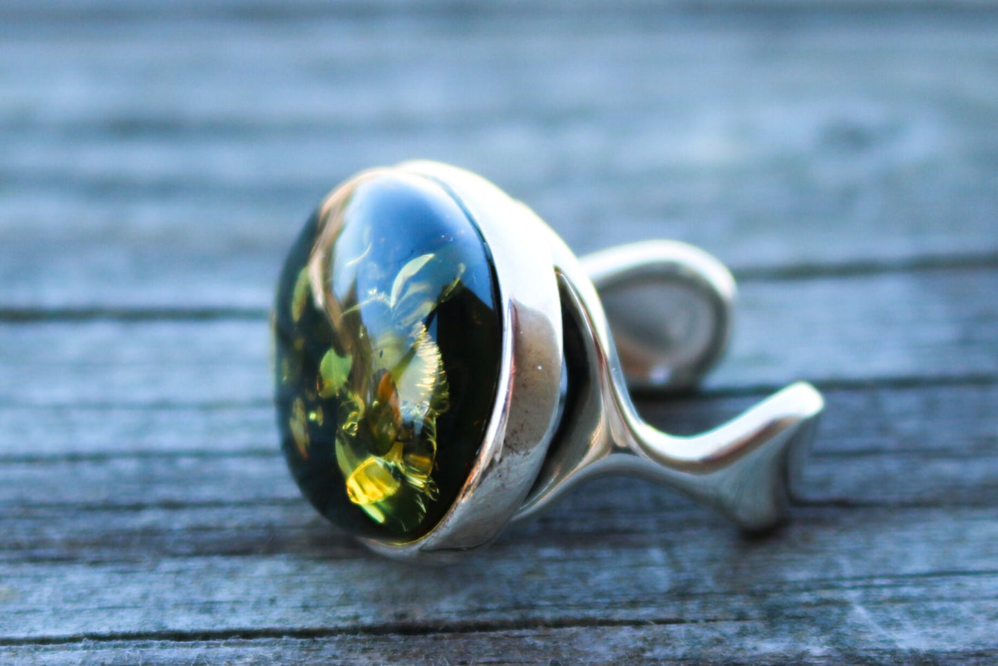 Baltic Amber Green Ring Adjustable Sparkling Oval Jewelry 925 Silver 12.1 gram