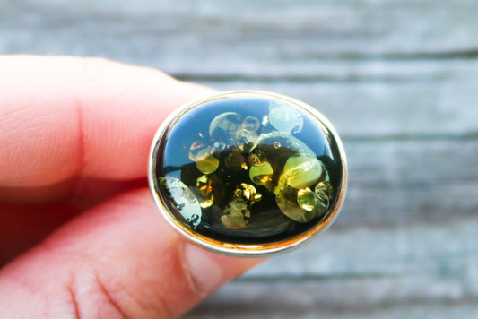 Baltic Amber Green Ring Adjustable Sparkling Oval Jewelry 925 Silver 12.1 gram