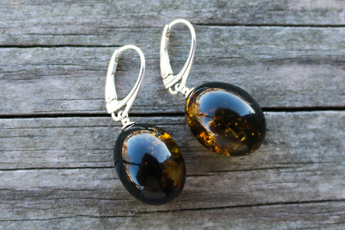 Baltic Amber Earrings Green Egg Shaped Natural Dangle 1.55" 6.5 gram 925 silver