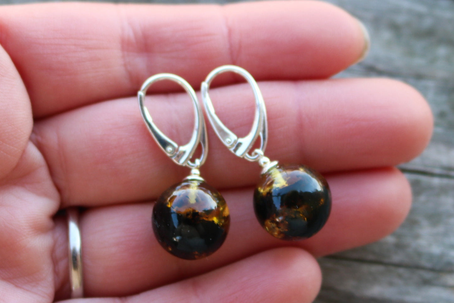 Baltic Amber Earrings Green Ball Natural Dangle 1.34" 4.4 gram 925 silver