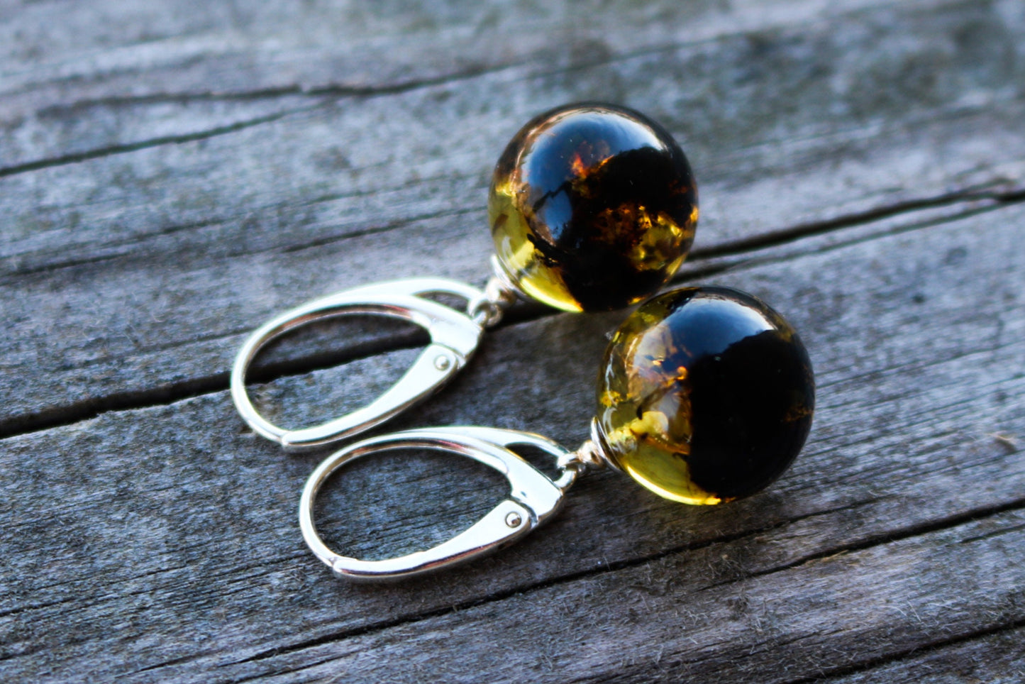 Baltic Amber Earrings Green Ball Natural Dangle 1.34" 4.4 gram 925 silver