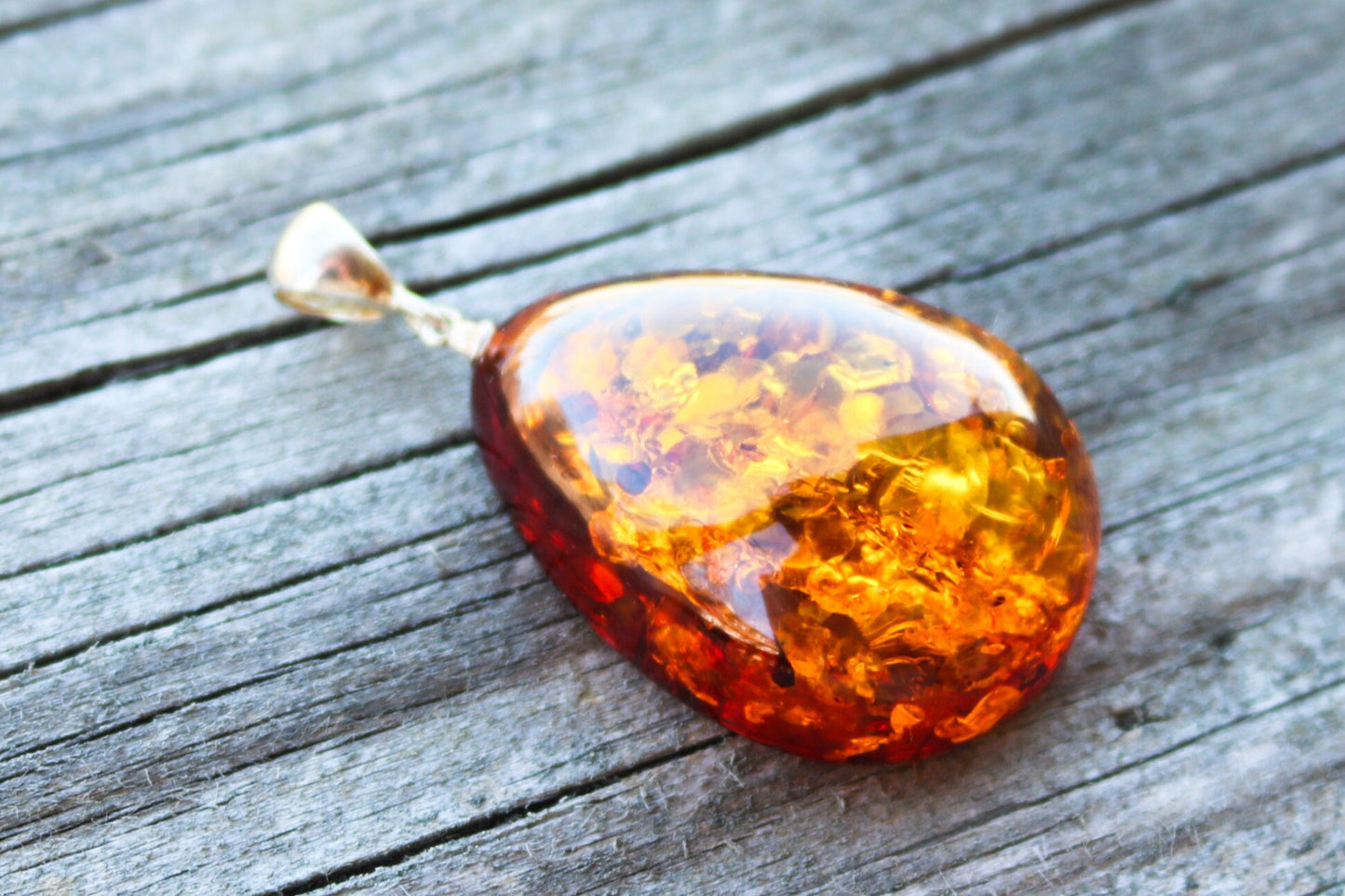 Baltic Amber Pendant Drop Honey Sparkling Natural Large Unisex Jewelry 1.97" 8.7 gram 925 Silver