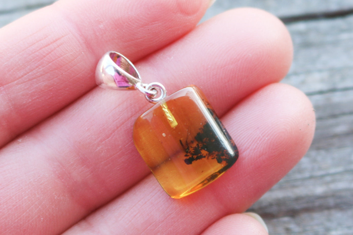 Baltic Amber Pendant Fossil Insect Mosquito Square Natural Honey Unisex Jewelry 1.1" 1.6 gram 925 silver