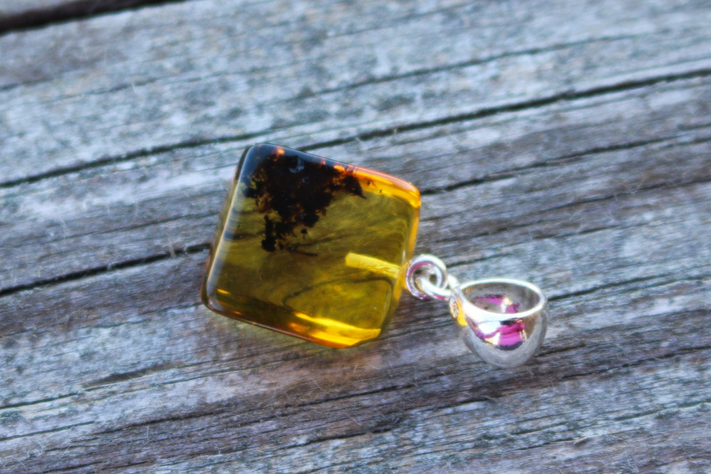 Baltic Amber Pendant Fossil Insect Mosquito Square Natural Honey Unisex Jewelry 1.1" 1.6 gram 925 silver