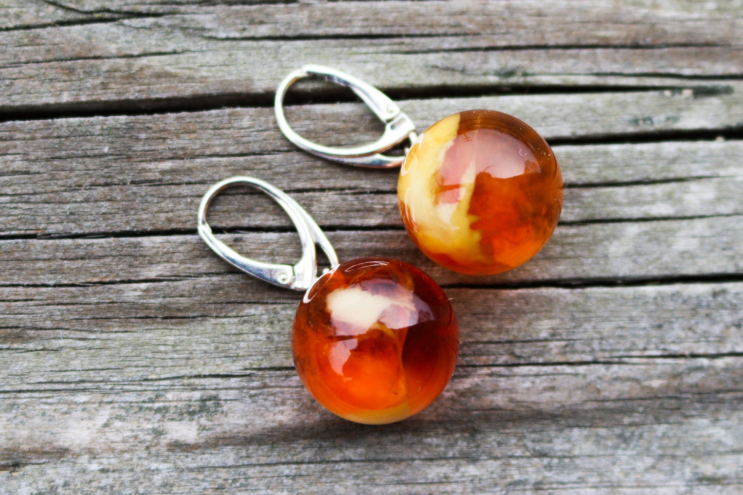 Baltic Amber Earrings Ball Round Pink Caramel Cloudy Natural Jewelry 1.64" 19 mm