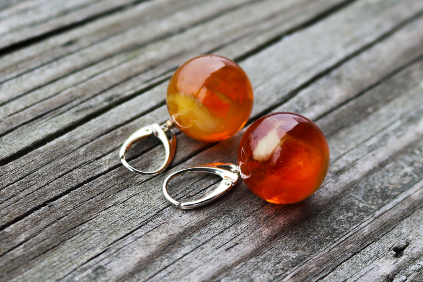 Baltic Amber Earrings Ball Round Pink Caramel Cloudy Natural Jewelry 1.64" 19 mm