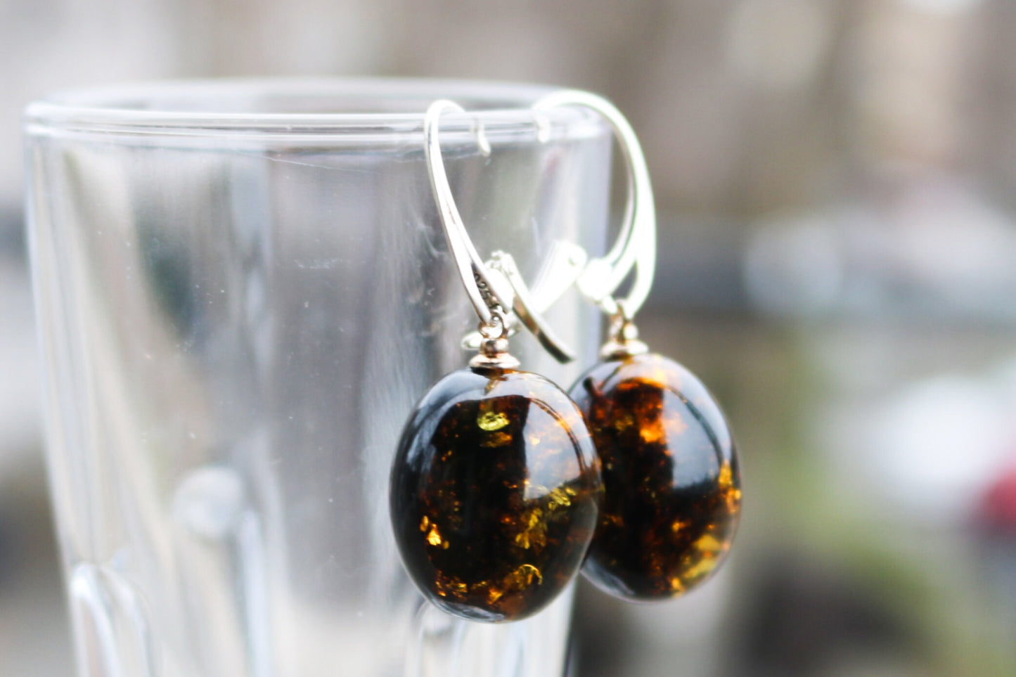 Baltic Amber Earrings Green Egg Shaped Natural Dangle 1.55" 6.5 gram 925 silver