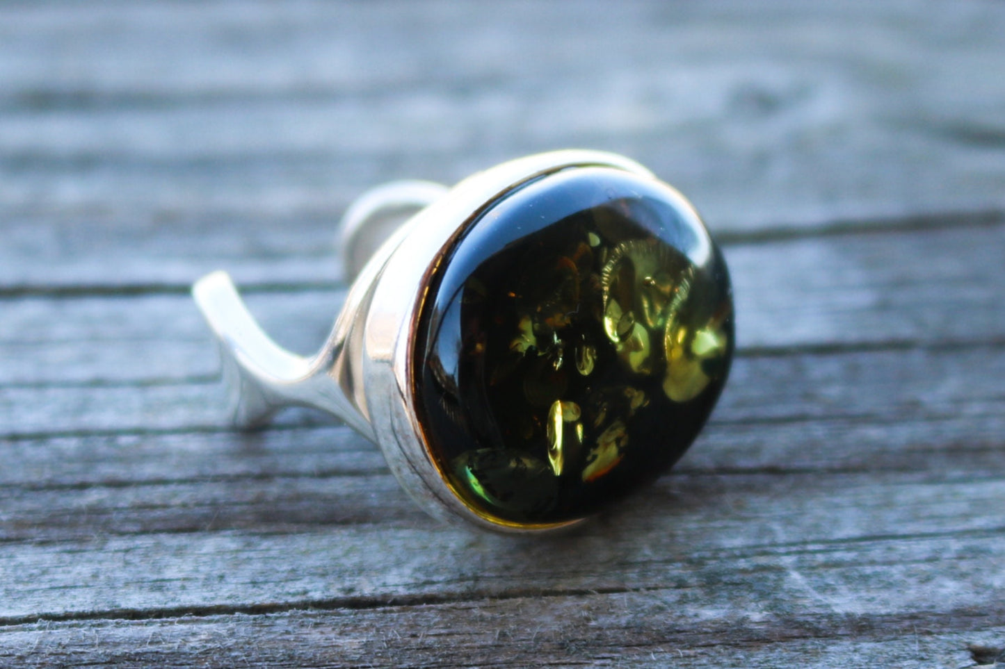 Baltic Amber Green Ring Adjustable Sparkling Oval Jewelry 925 Silver 12.1 gram