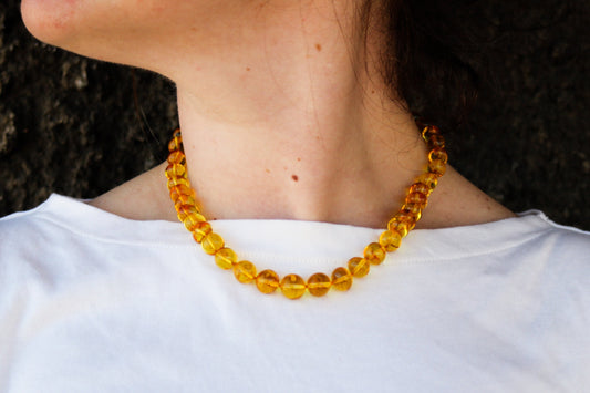 Baltic Amber Necklace Yellow Lemon Round Baroque Beads Natural Untreated Unisex Jewelry 18" 21 gram