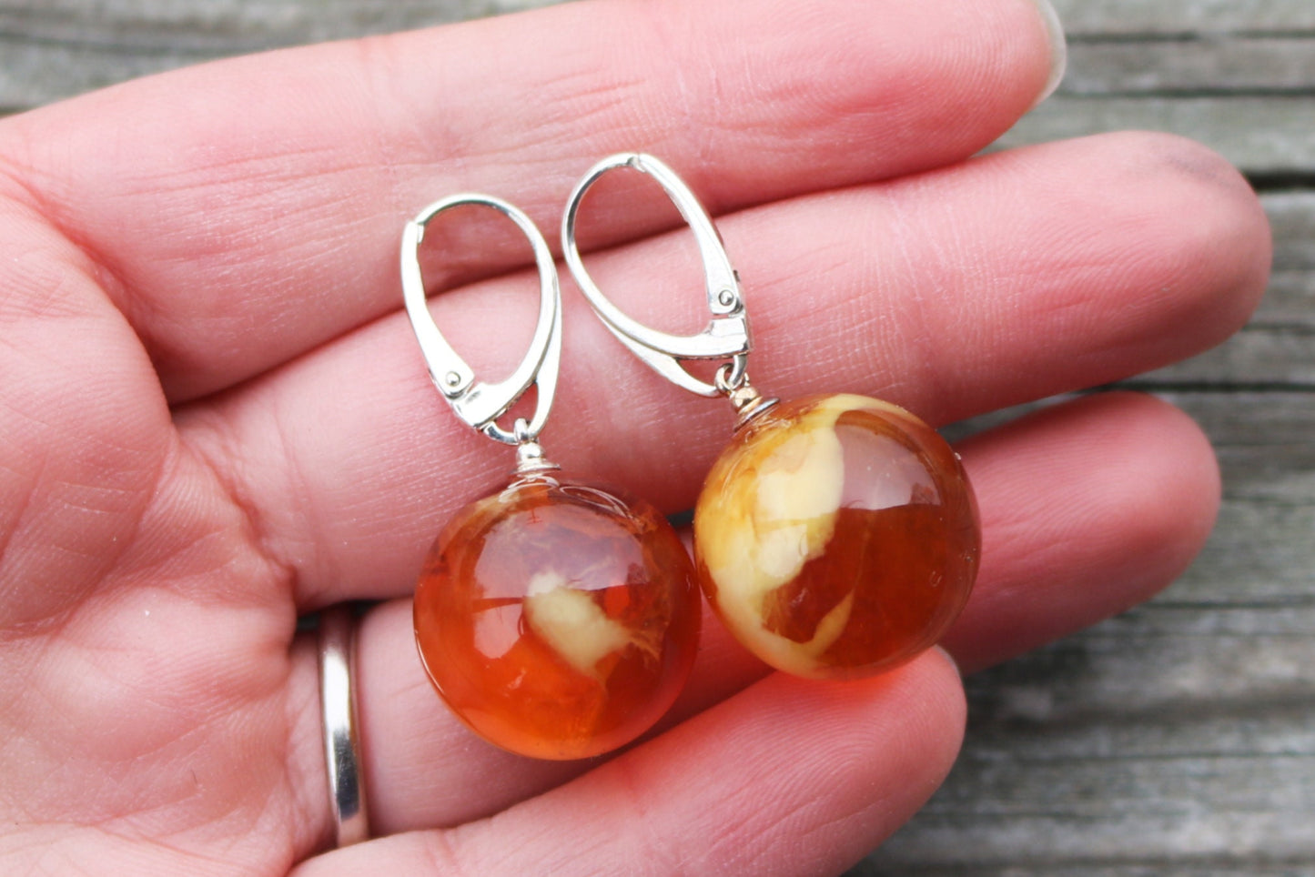 Baltic Amber Earrings Ball Round Pink Caramel Cloudy Natural Jewelry 1.64" 19 mm