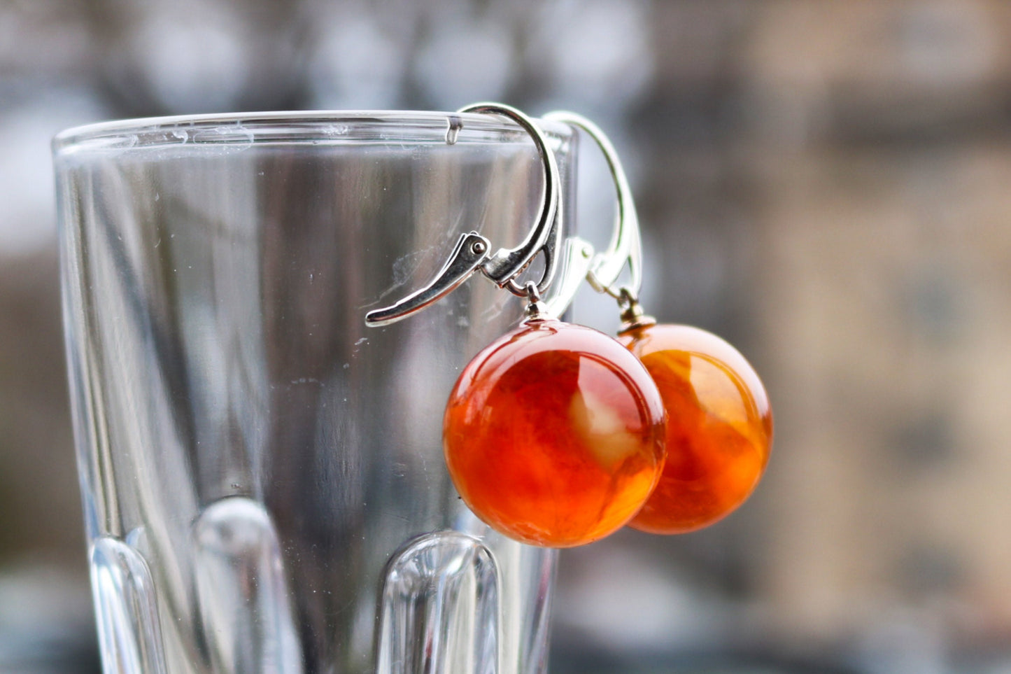 Baltic Amber Earrings Ball Round Pink Caramel Cloudy Natural Jewelry 1.64" 19 mm