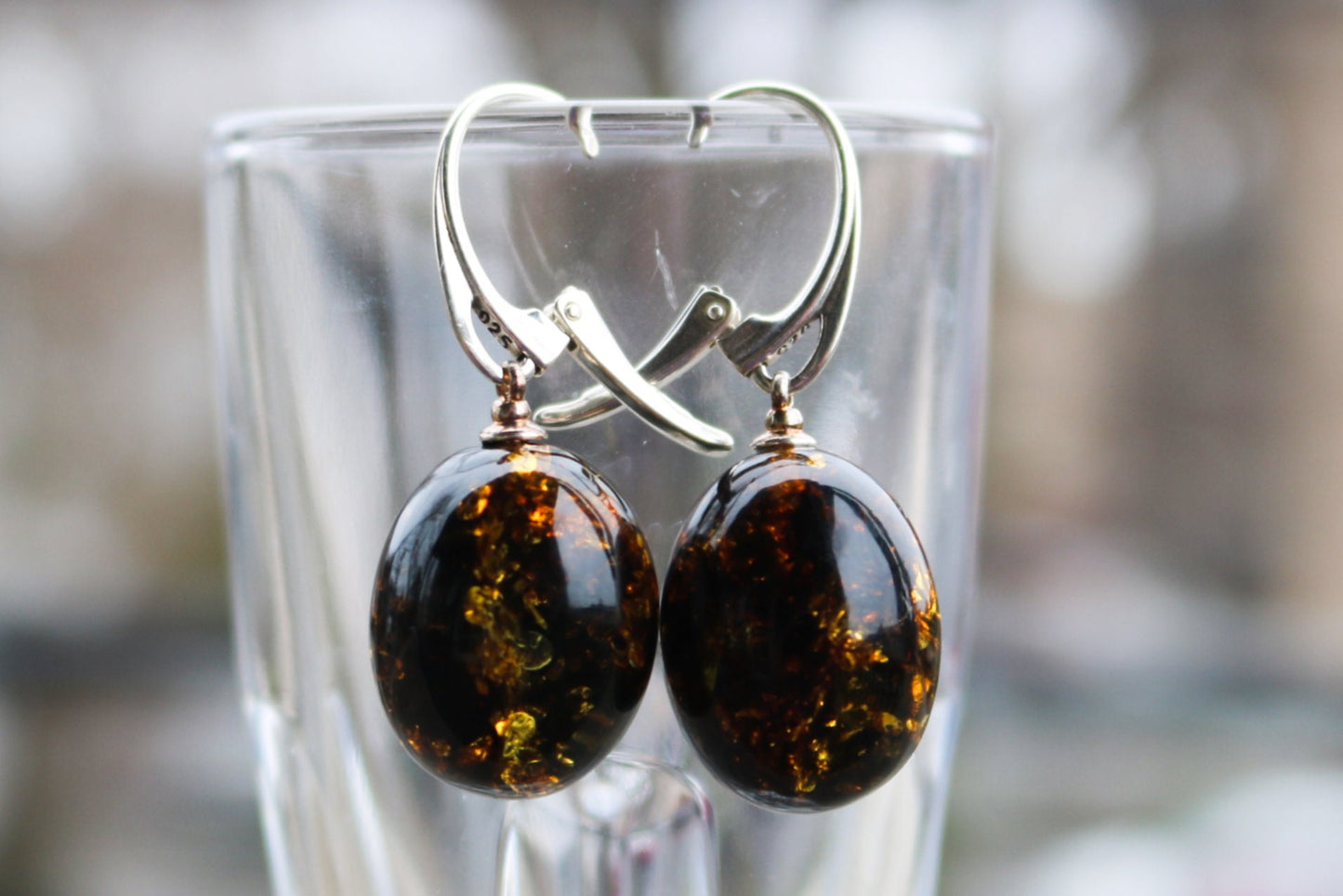 Baltic Amber Earrings Green Egg Shaped Natural Dangle 1.55" 6.5 gram 925 silver