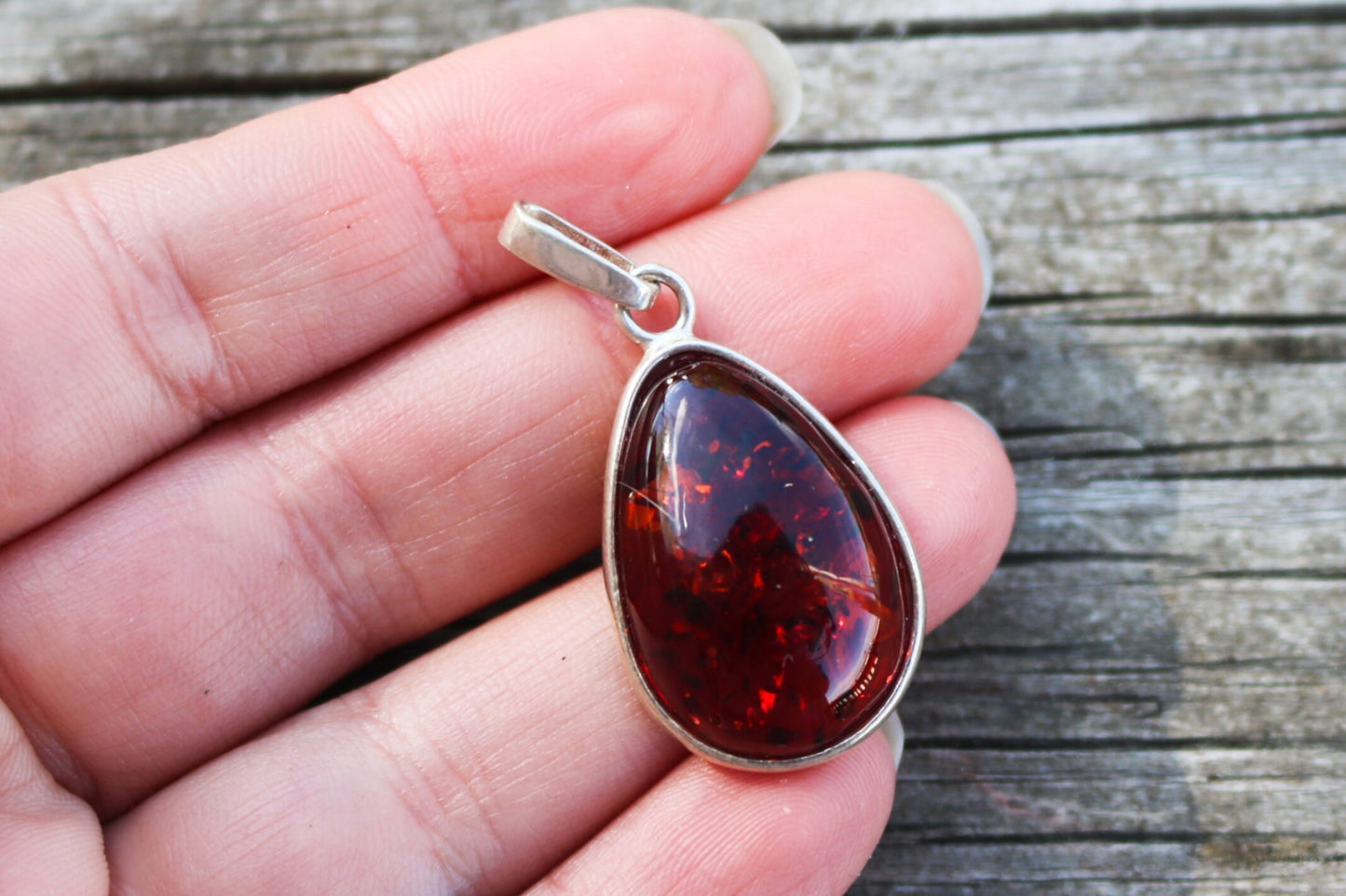 Baltic Amber Cherry Drop Pendant Natural Sparkling 1.6" 3.4 gram 925 Silver