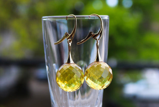 Baltic Amber Earrings Faceted Lemon Yellow Ball Gold Plated Dangling Jewelry 1.9" 8.7 gram