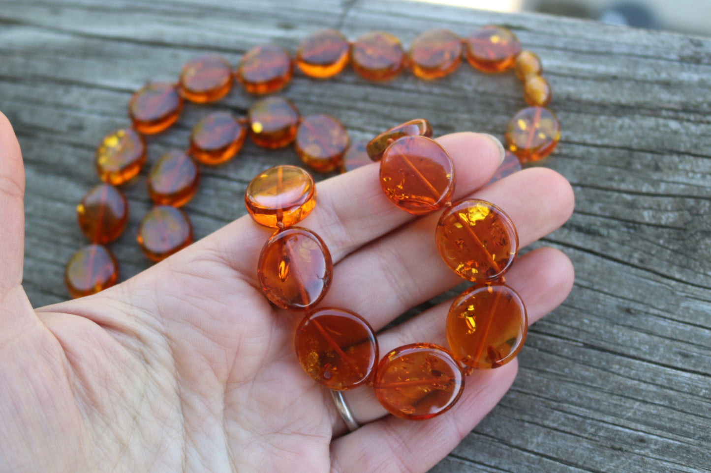 Baltic Amber Cognac Necklace Flat Beads Long Unisex Calibrated 28.5"