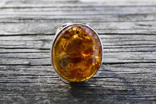 Baltic Amber Honey Ring Oval Adjustable Sparkling 925 Silver 14.4 gram