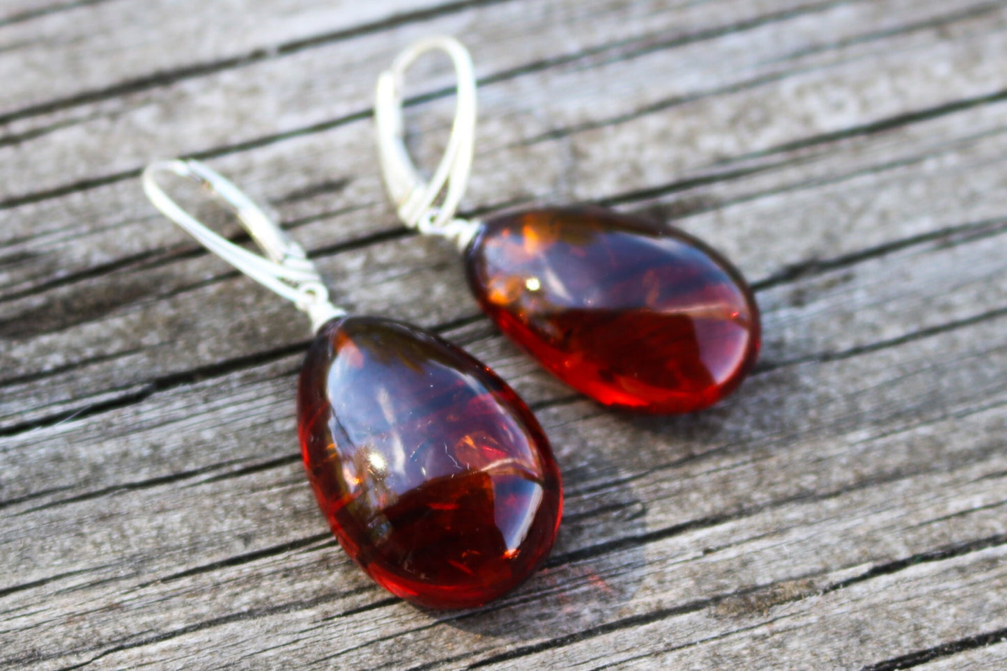 Baltic Amber Earrings Drops Cognac Shaped Natural Jewelry 1.75" 5.6 925 silver