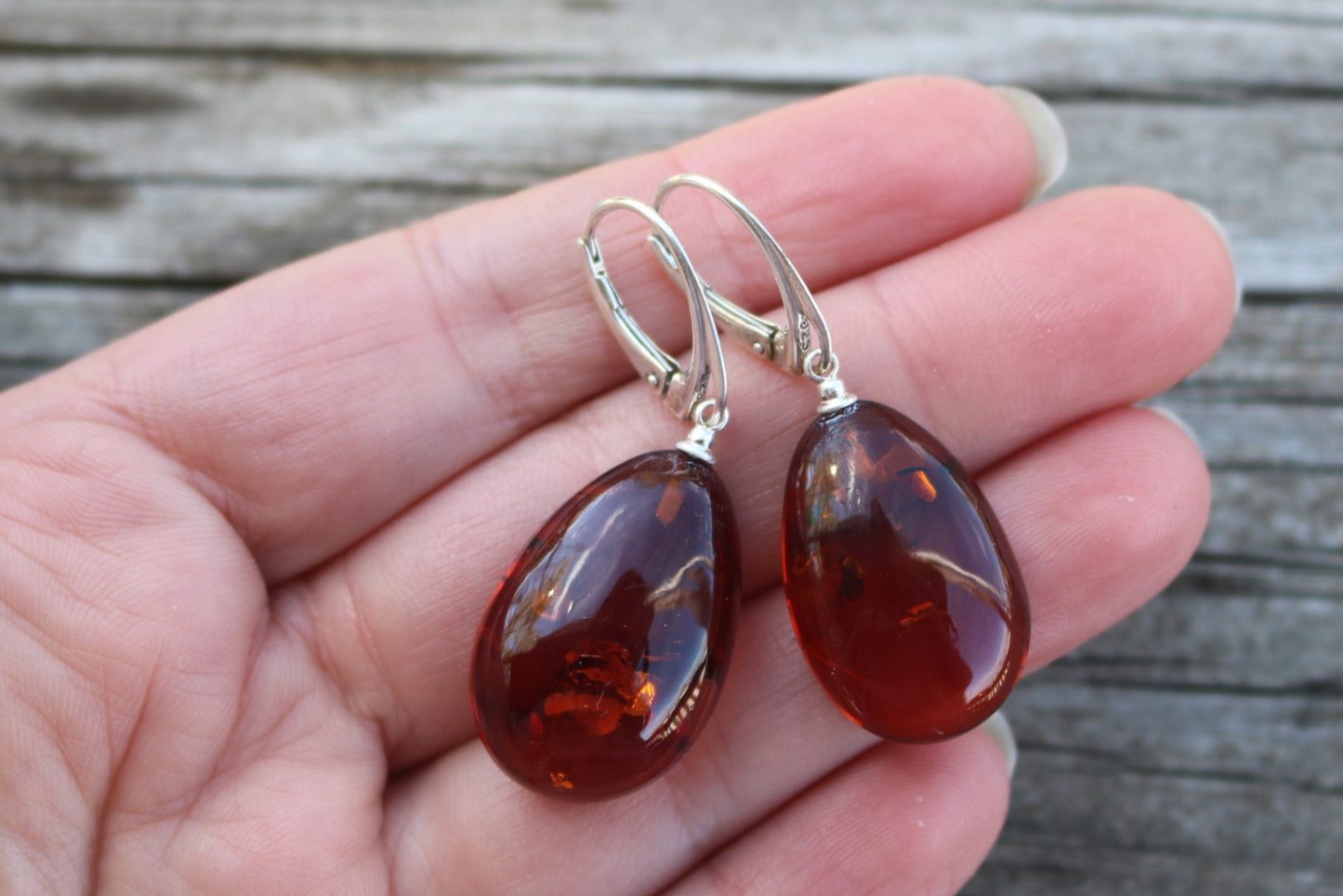 Baltic Amber Earrings Drops Cognac Shaped Natural Jewelry 1.75" 5.6 925 silver