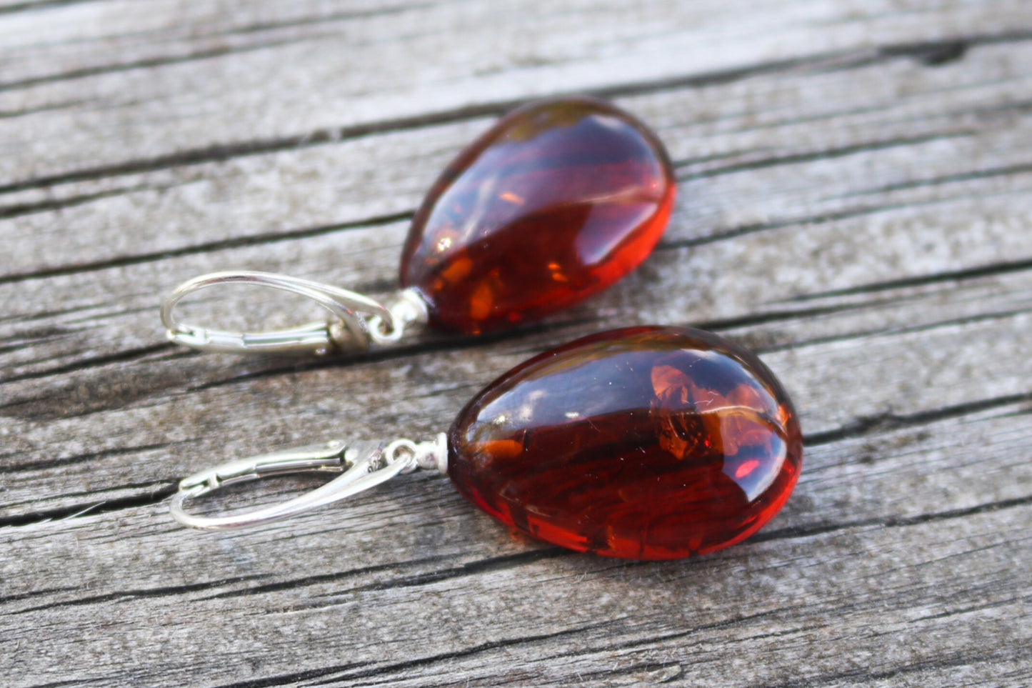 Baltic Amber Earrings Drops Cognac Shaped Natural Jewelry 1.75" 5.6 925 silver