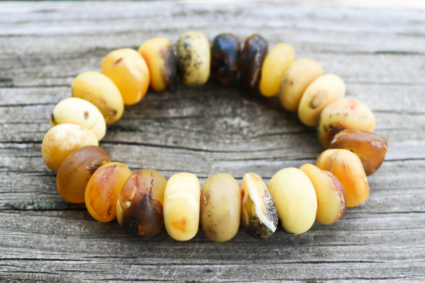 Baltic Amber Bracelet Raw Butterscotch Gray Rondelle Unpolished Beads Natural Untreated Unisex 45 gram