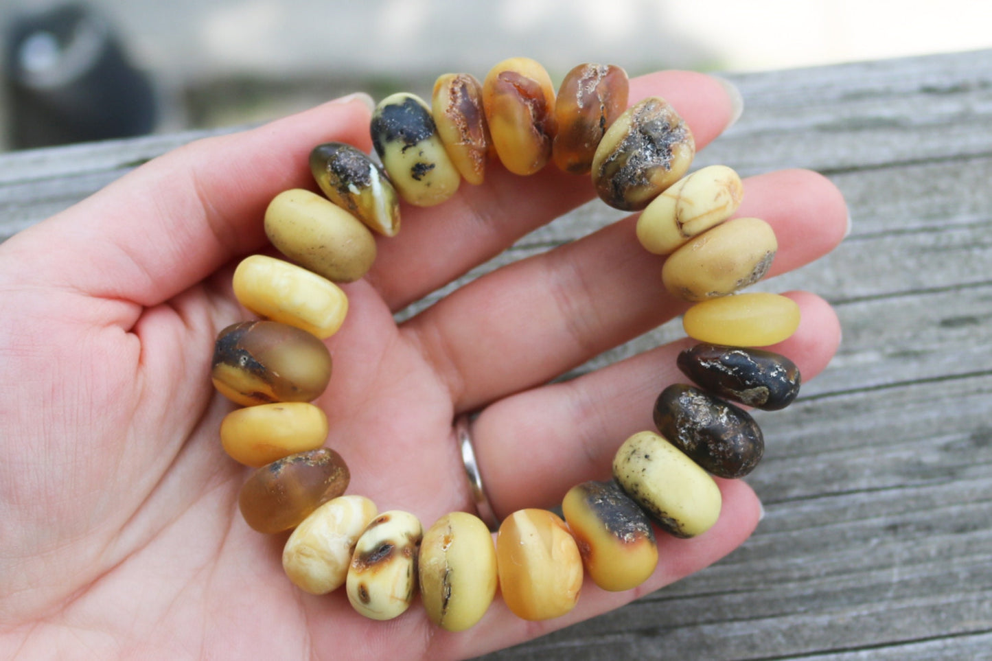 Baltic Amber Bracelet Raw Butterscotch Gray Rondelle Unpolished Beads Natural Untreated Unisex 45 gram