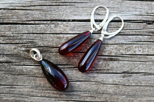 Baltic Amber Jewelry Set Cherry Pendand Earrings Drop Natural 5.4 gram 925 Silver