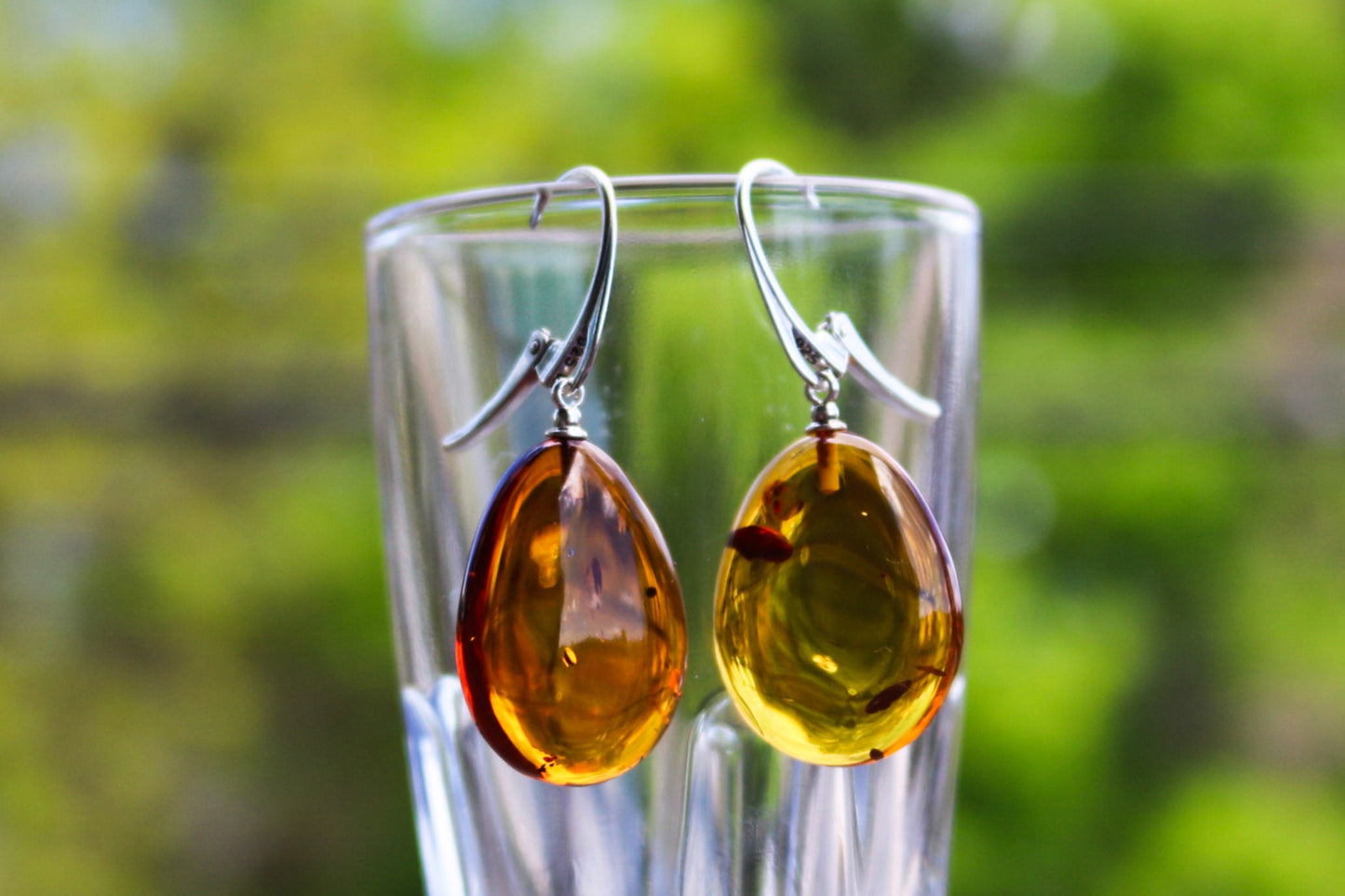 Baltic Amber Earrings Drops Cognac Shaped Natural Jewelry 1.73" 5.4 925 silver