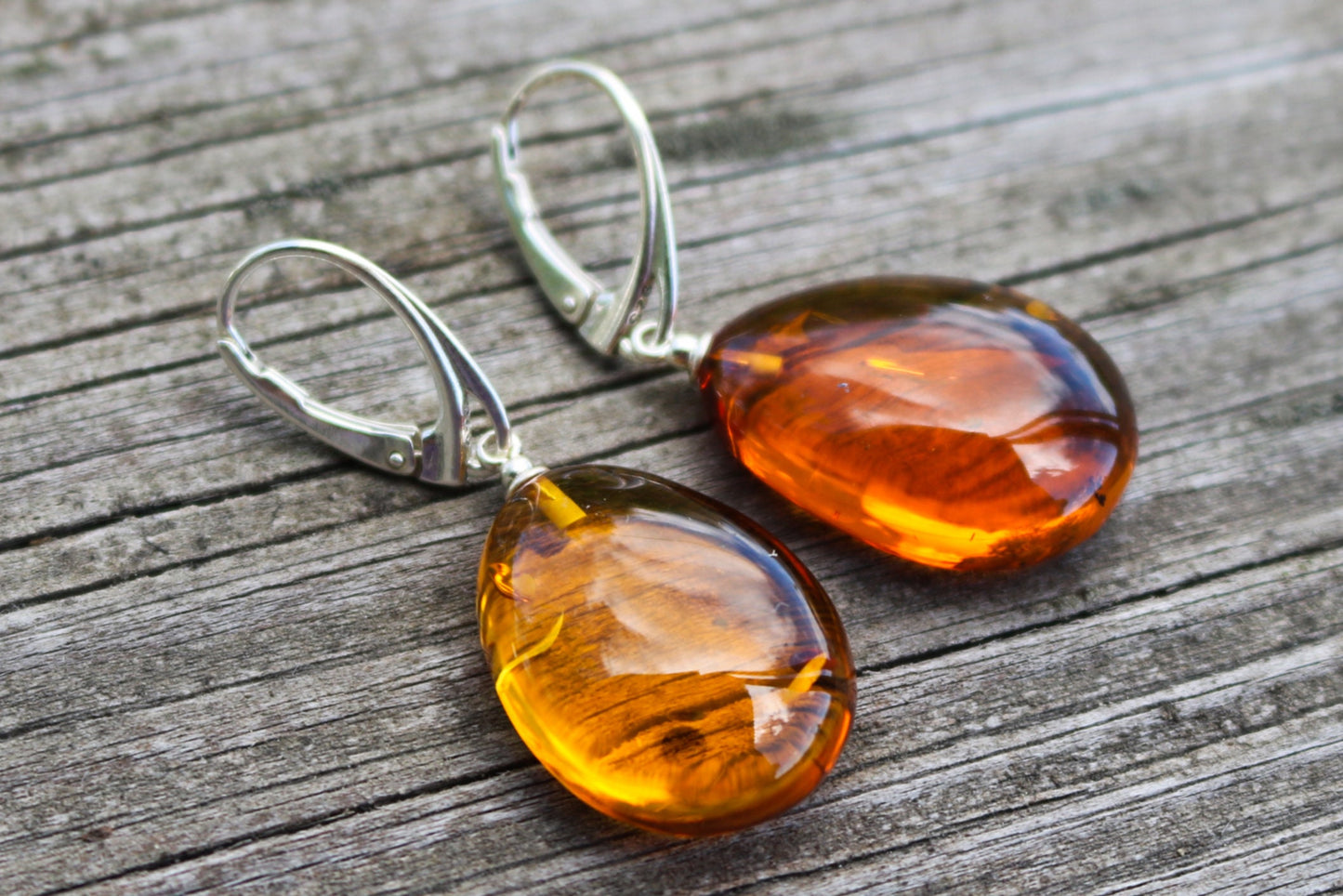 Baltic Amber Earrings Drops Cognac Shaped Natural Jewelry 1.73" 5.4 925 silver