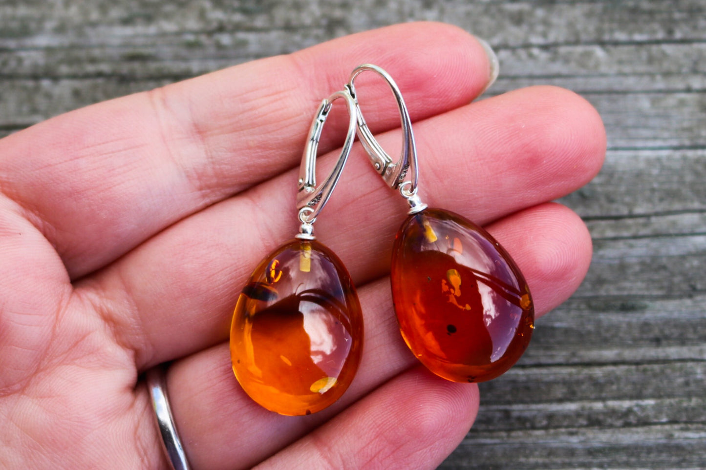 Baltic Amber Earrings Drops Cognac Shaped Natural Jewelry 1.73" 5.4 925 silver