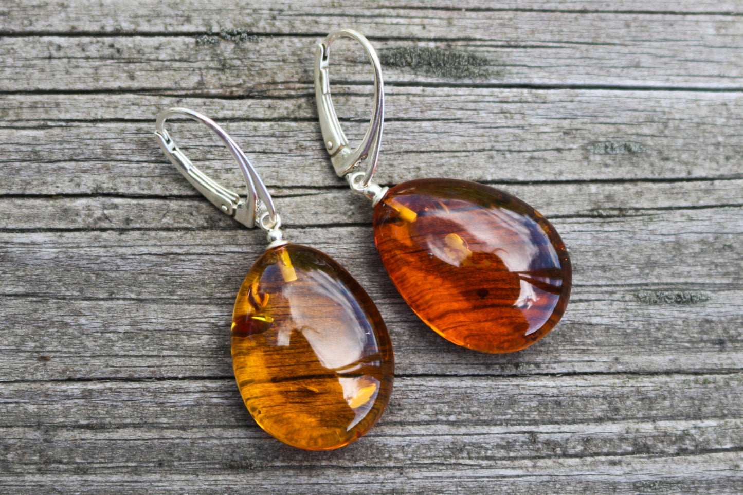 Baltic Amber Earrings Drops Cognac Shaped Natural Jewelry 1.73" 5.4 925 silver