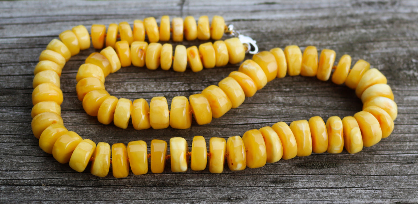 Baltic Amber Butterscotch Necklace Disc Beads Natural Untreated 24.5" 79.4 gram 925 Silver