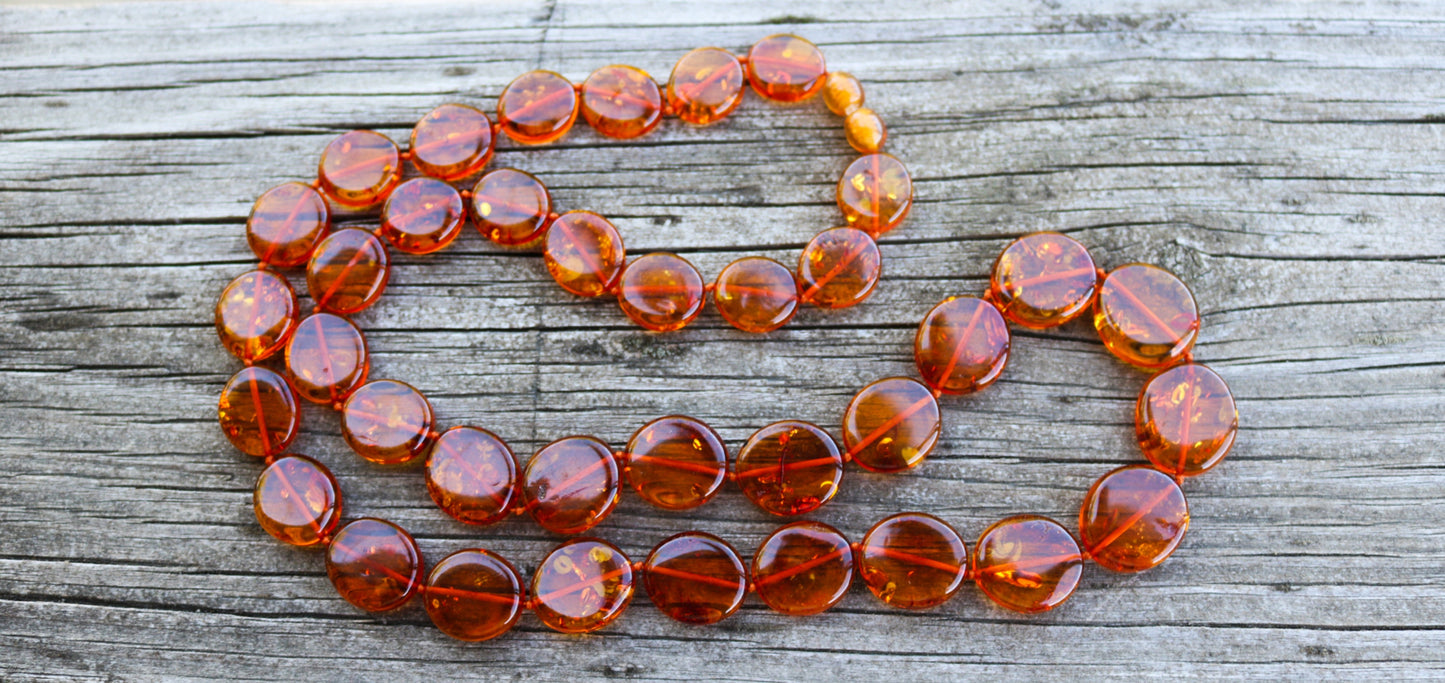 Baltic Amber Cognac Necklace Flat Beads Long Unisex Calibrated 28.5"