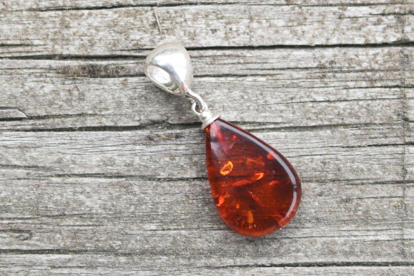 Baltic Amber Pendant Cognac Drop Small Sparkling Unisex 1.27" 1.7 gram 925 Silver