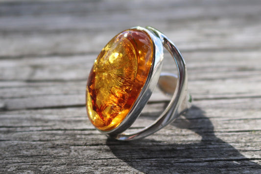 Baltic Amber Honey Ring Adjustable Natural Sparkling Oval 925 Silver 13.2 gram 925 Silver