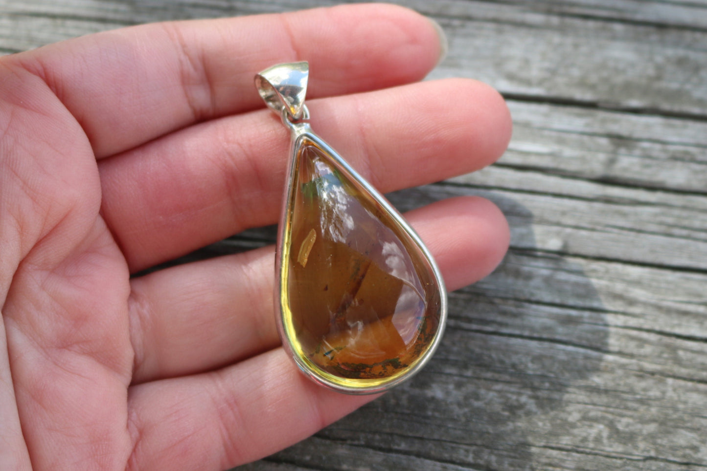 Baltic Amber Pendant Yellow Transparent Drop Raw Natural Unisex Jewelry 2.16" 17. gram 925 Silver