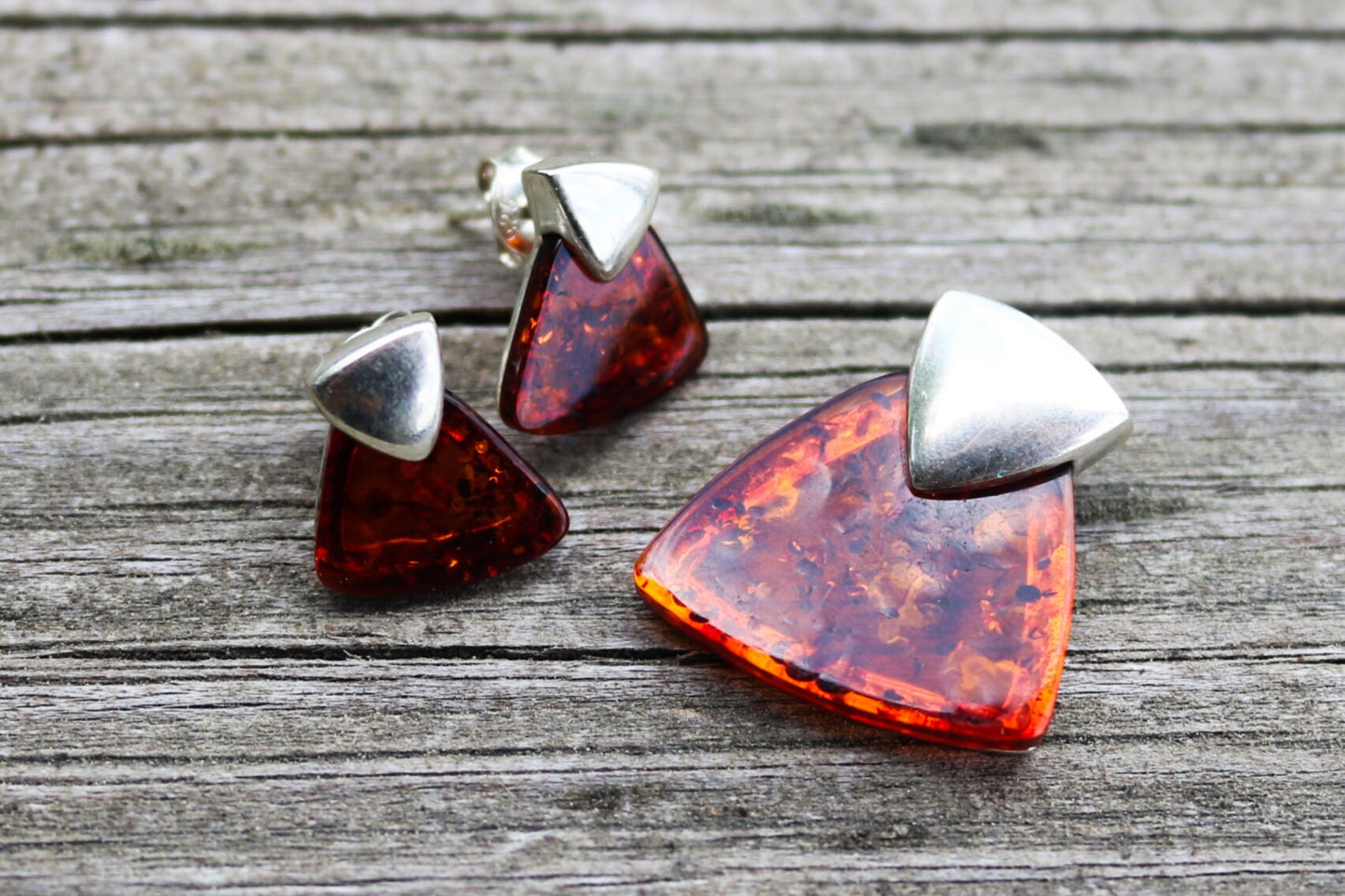 Baltic Amber Jewelry Set Cherry Earrings and Pendant 925 silver