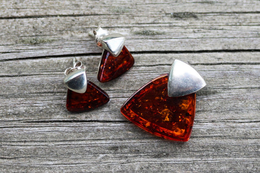 Baltic Amber Jewelry Set Cherry Earrings and Pendant 925 silver