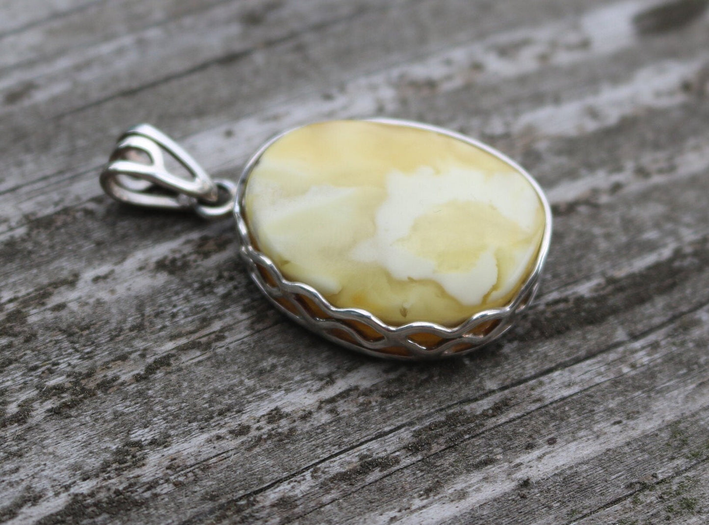 Baltic Amber Royal White Butterscotch Pendant Natural Milky 1.9" 12 gram 925 Silver