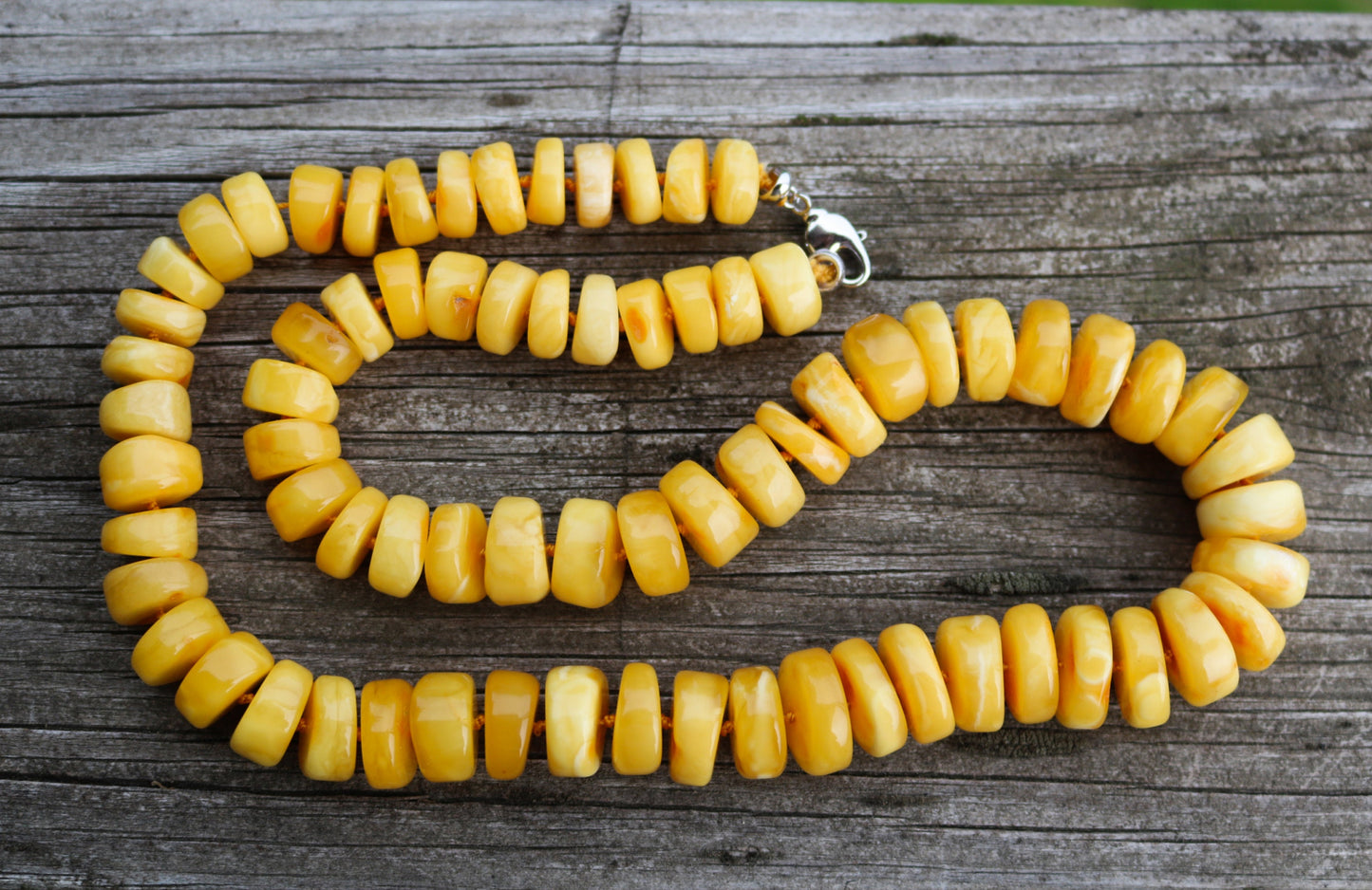 Baltic Amber Butterscotch Necklace Disc Beads Natural Untreated 24.5" 79.4 gram 925 Silver