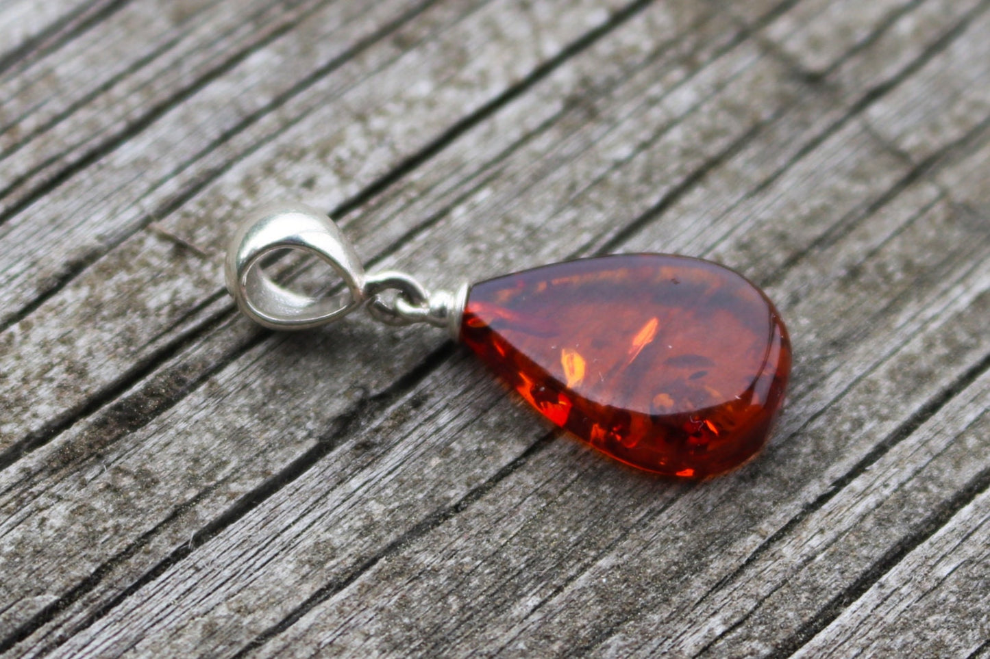 Baltic Amber Pendant Cognac Drop Small Sparkling Unisex 1.27" 1.7 gram 925 Silver