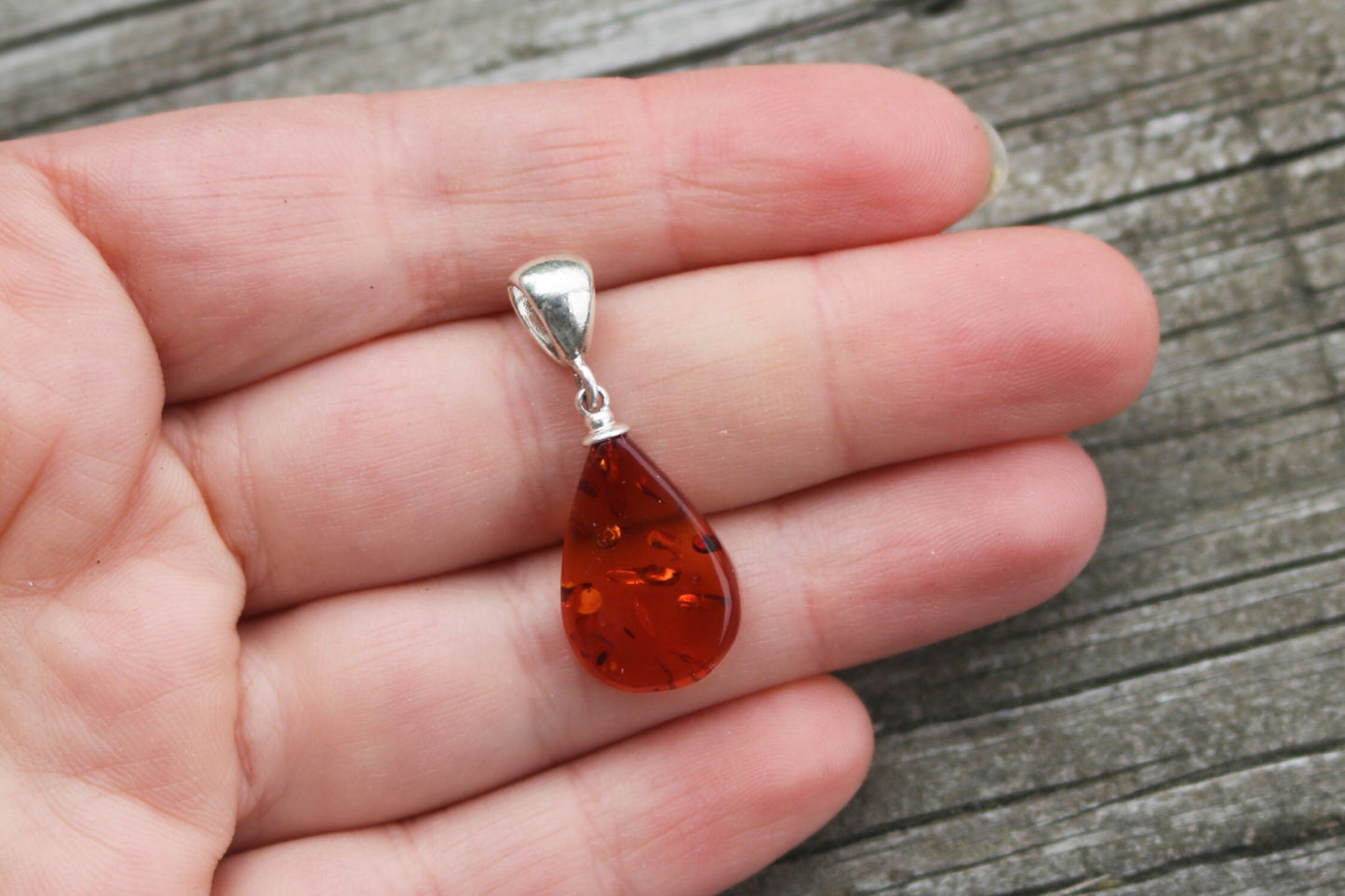 Baltic Amber Pendant Cognac Drop Small Sparkling Unisex 1.27" 1.7 gram 925 Silver