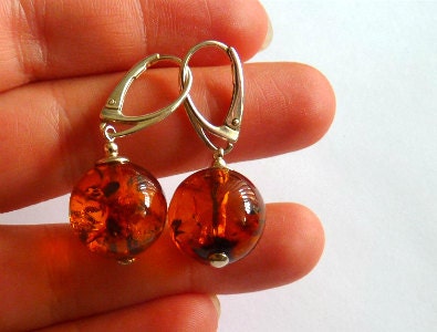 Baltic Amber Earrings Cognac Ball Earrings Dangling Jewelry Natural 1.5" 925 Silver