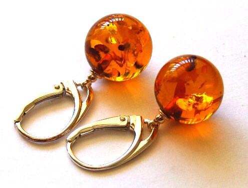 Baltic Amber Earrings Cognac Ball Earrings Dangling Jewelry Natural 1.5" 925 Silver