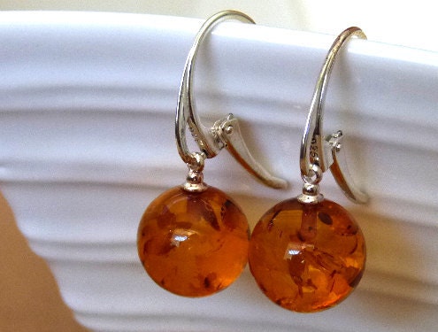 Baltic Amber Earrings Cognac Ball Earrings Dangling Jewelry Natural 1.5" 925 Silver