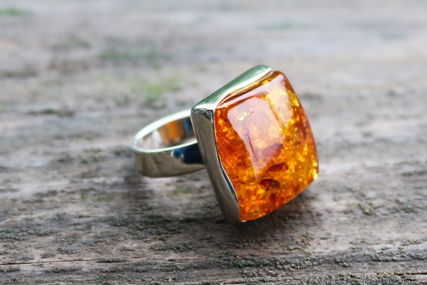 Baltic Amber Honey Ring Adjustable Rectangle Natural Jewelry 925 Silver 12.1 gram