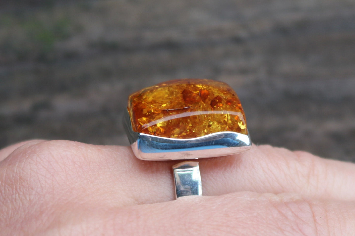 Baltic Amber Honey Ring Adjustable Rectangle Natural Jewelry 925 Silver 12.1 gram