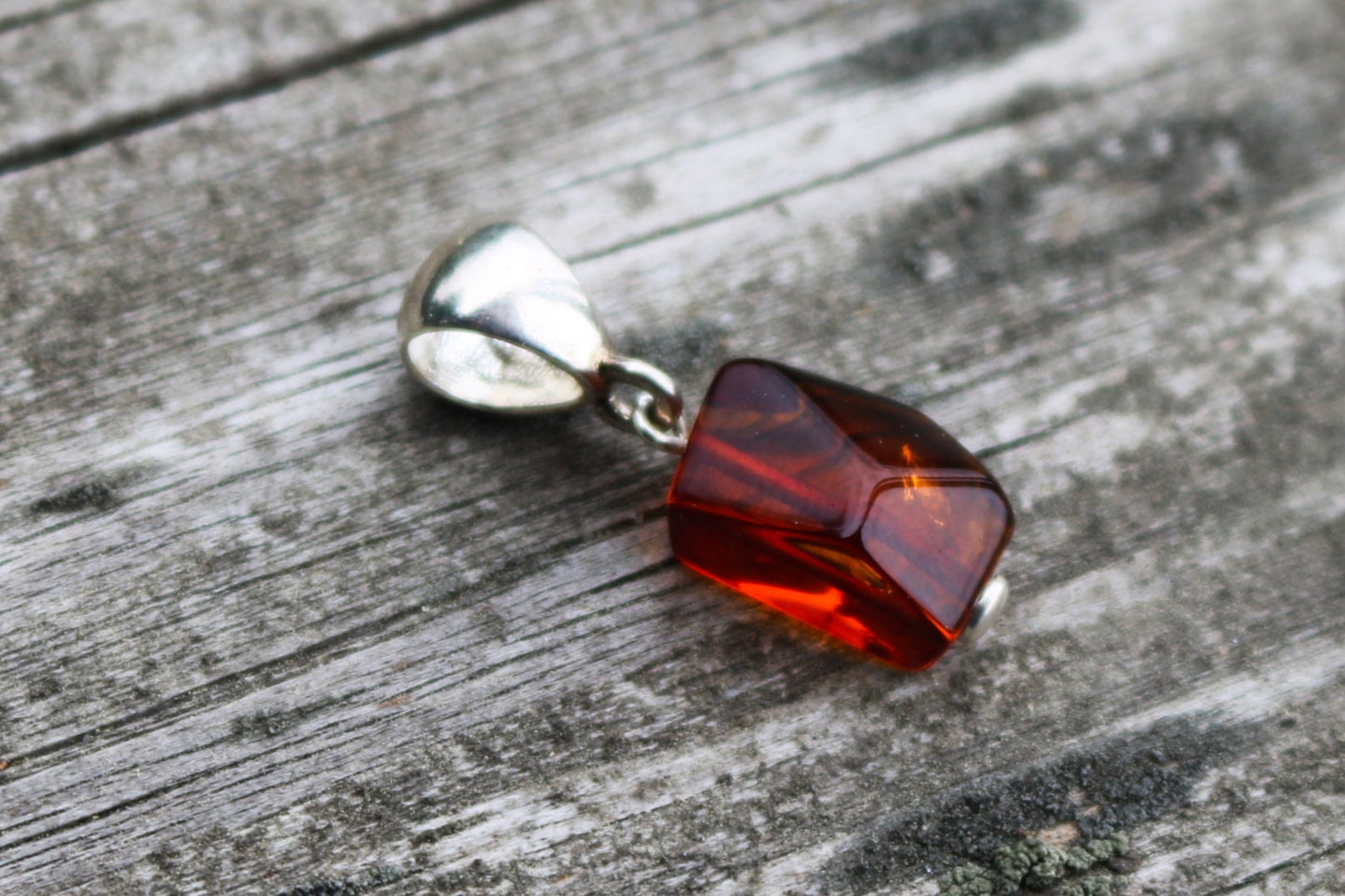 Baltic Amber Cognac Pendant Small Faceted Charm Unisex Jewelry 1" 1.7 gram 925 Silver